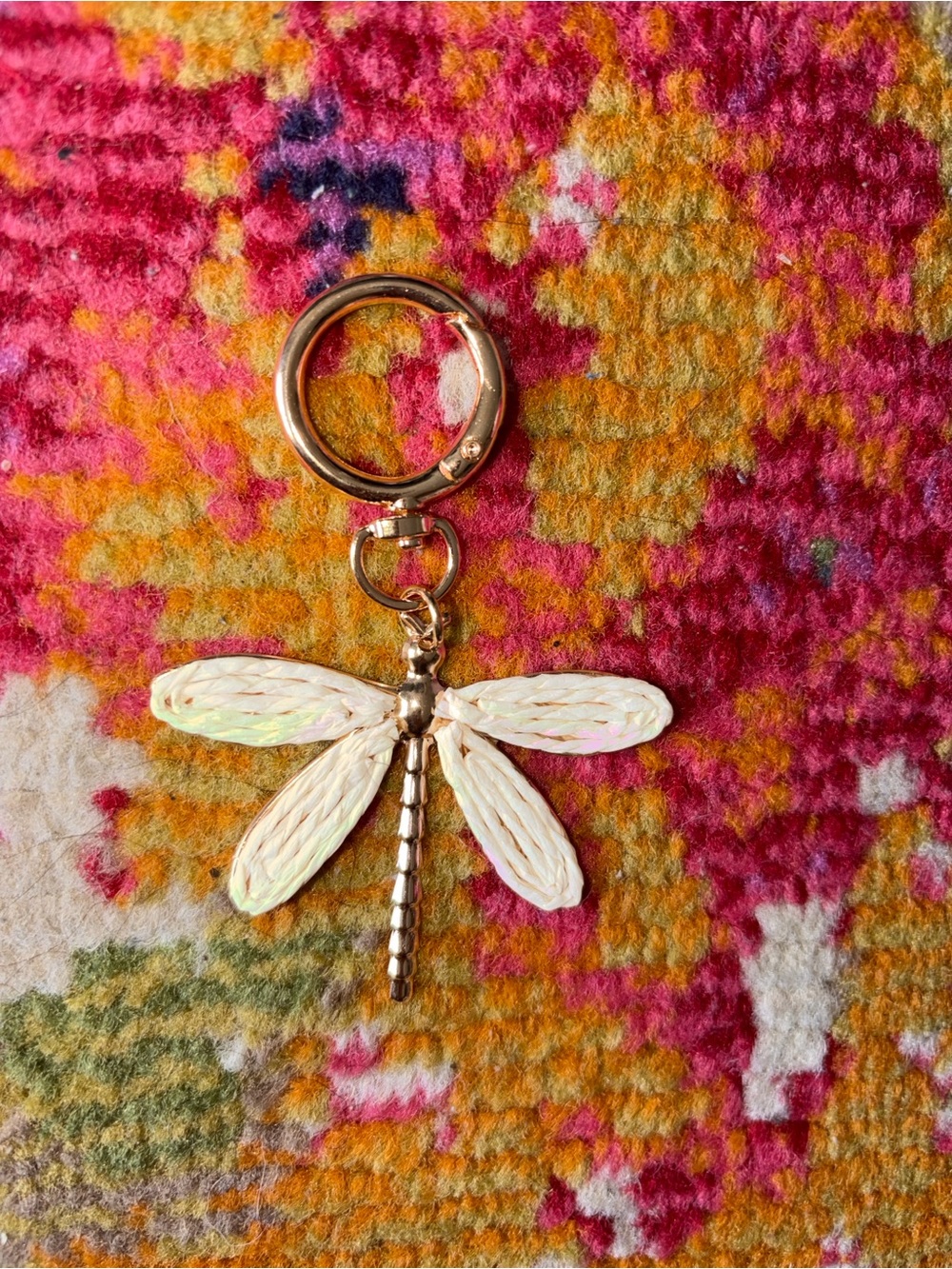 Iridescent White Dragonfly Keychain with Gold Hardware